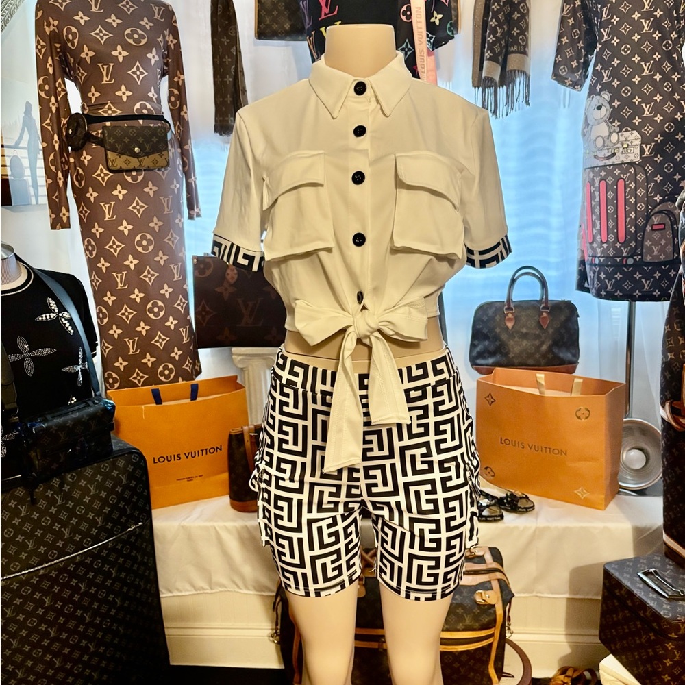 White Tie-Front Shirt and Black and White Patterned Shorts Set